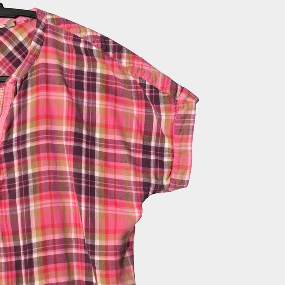 Soft Surroundings Plaid Cotton Gauze Blouse Short Sleeve Pink M Spring Preppy - Picture 2 of 10